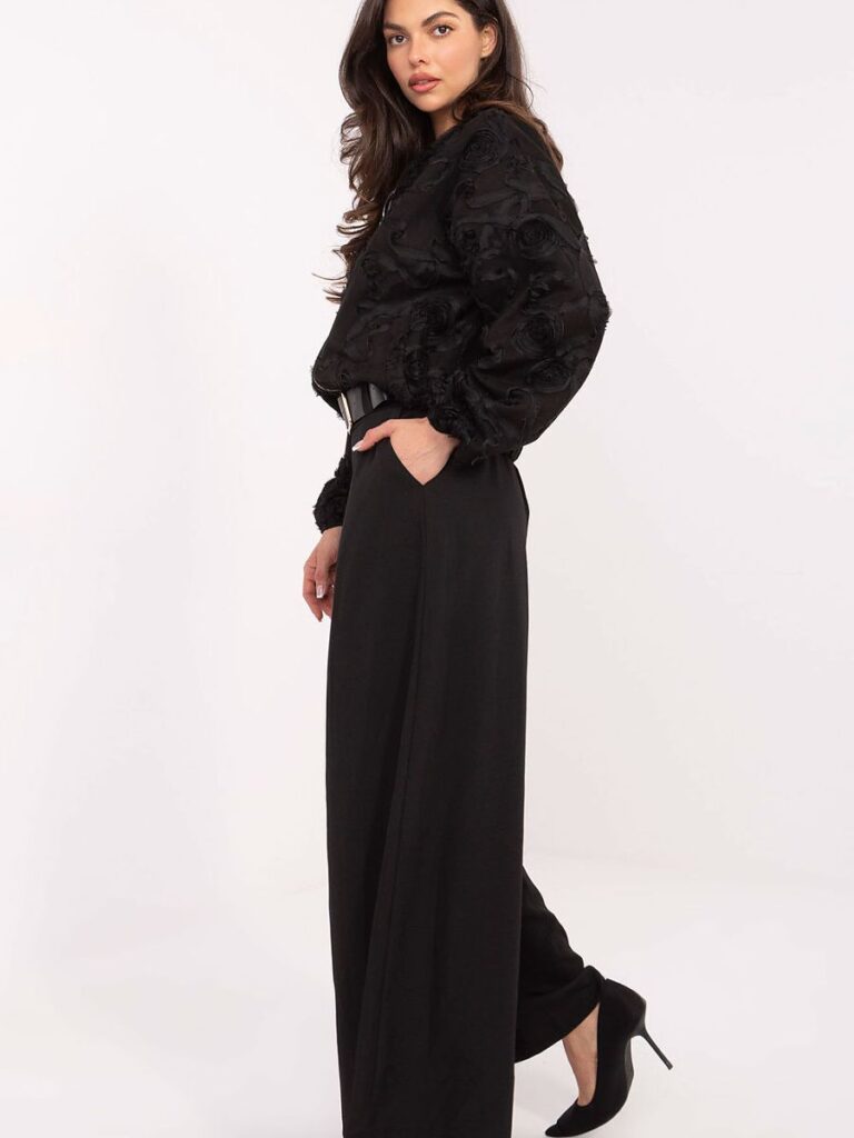 Pantalon palazzo noir fluide taille haute avec ceinture élastique — vue 1