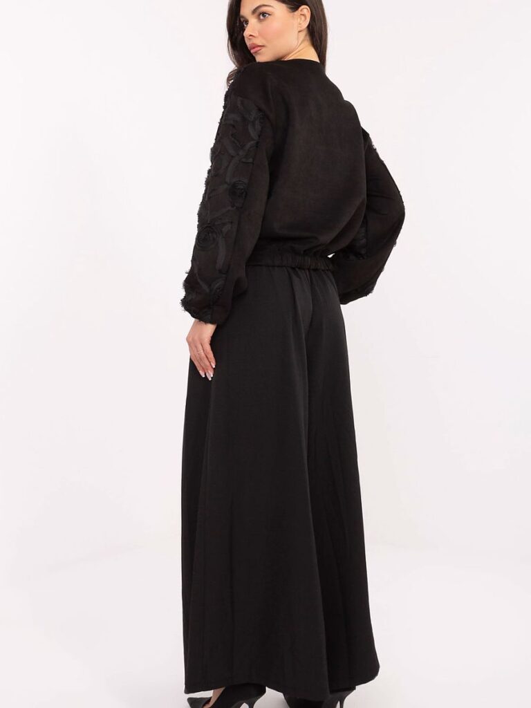 Pantalon palazzo noir fluide taille haute avec ceinture élastique — vue 2