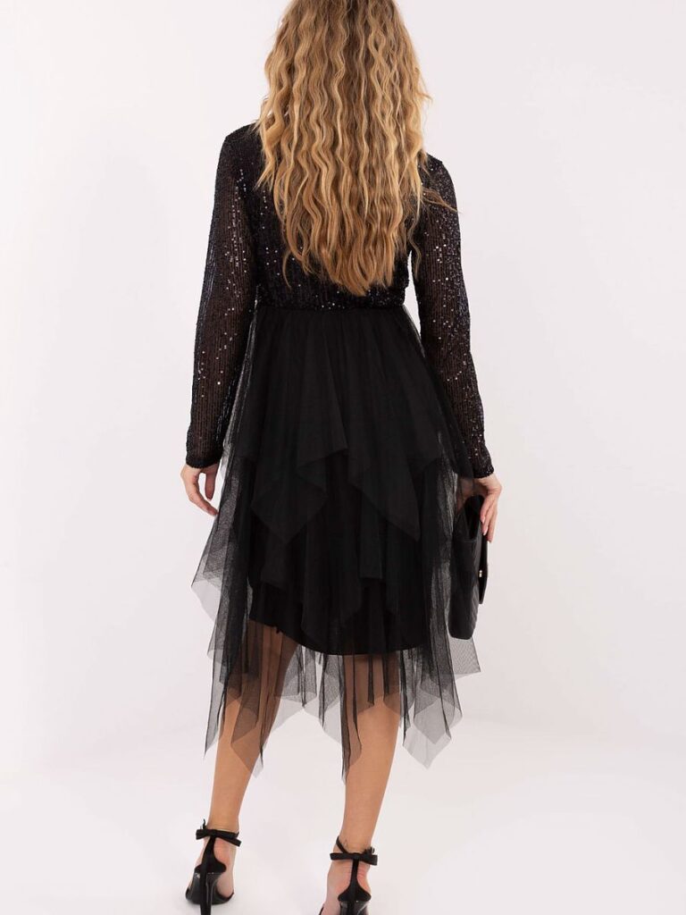 Robe soirée noir paillettes bustier croisé et jupe tulle aérienne — vue 2