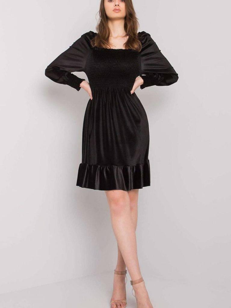 Robe courte velours noir volantée manches longues femme — vue 1