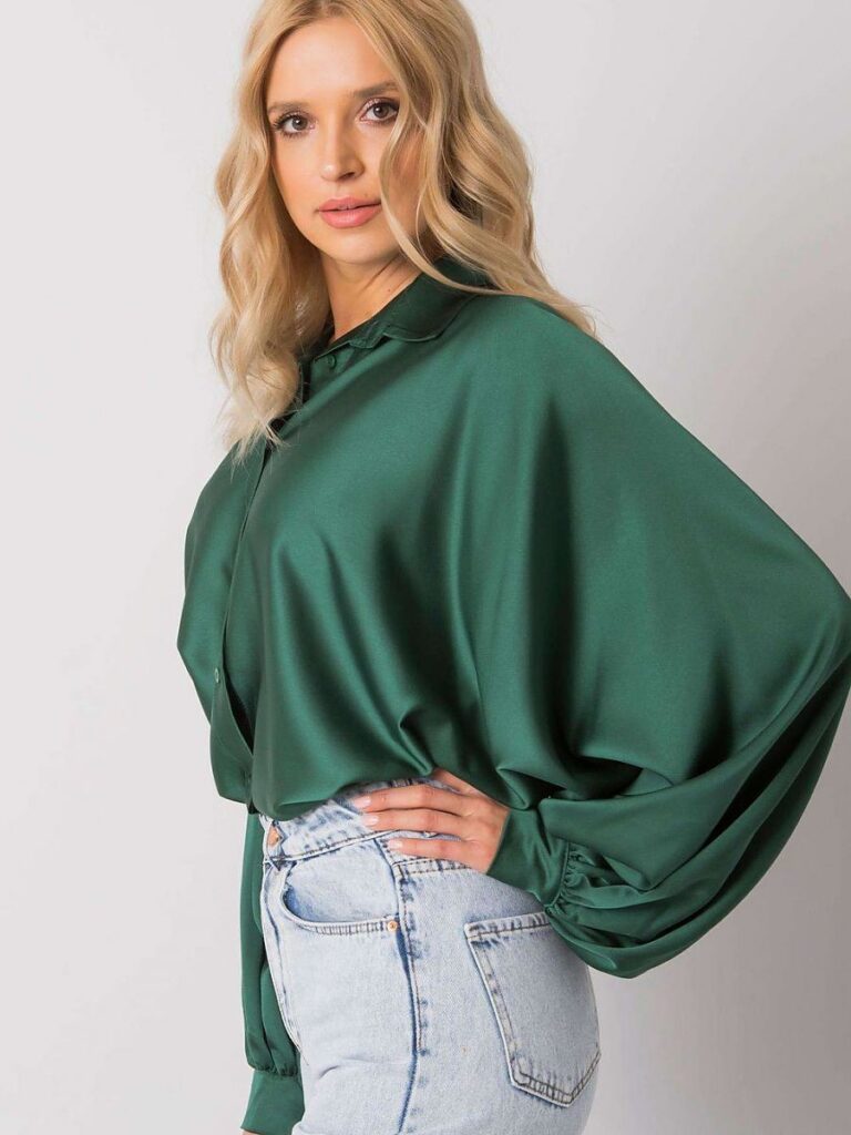 Chemise satinée émeraude manches longues coupe fluide — vue 1