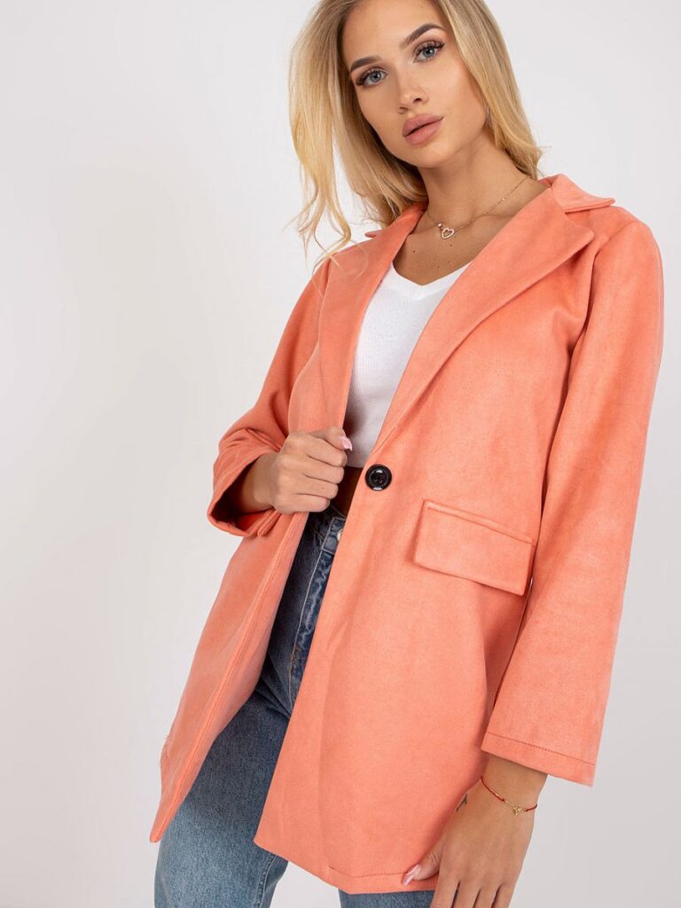 Veste Zoé corail imitation daim, manches ajustées, fermeture glissière