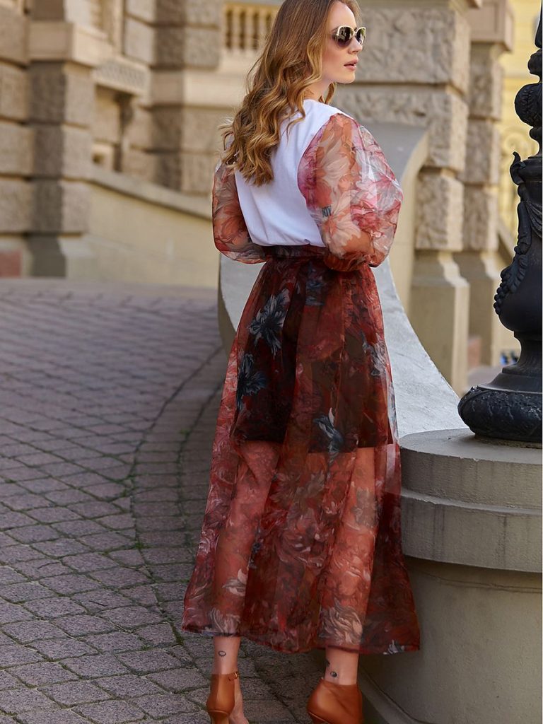Jupe maxi tulle floral motifs délicats ceinture ajustable — vue 1