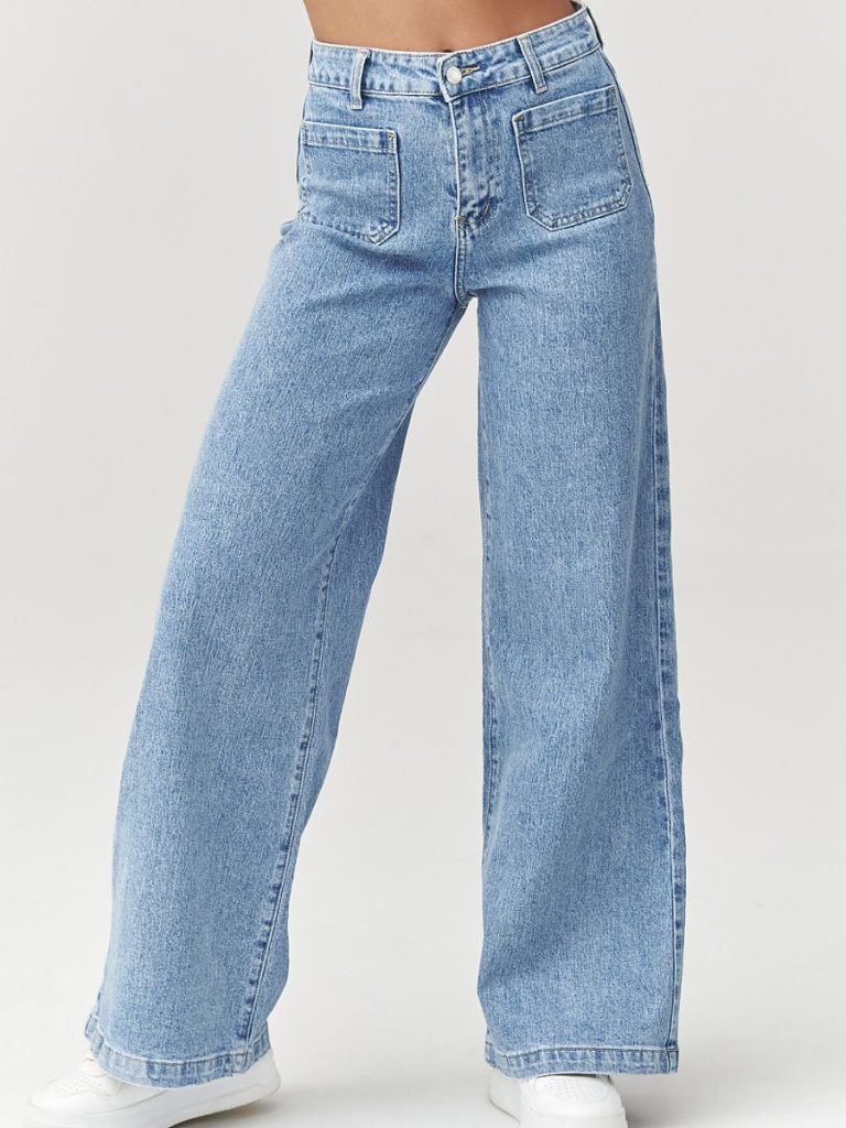 Jean taille haute femme coupe jambe large denim bleu