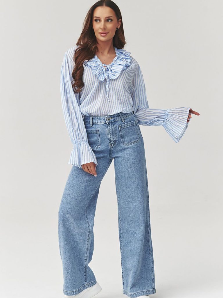 Jean taille haute femme coupe jambe large denim bleu — vue 1