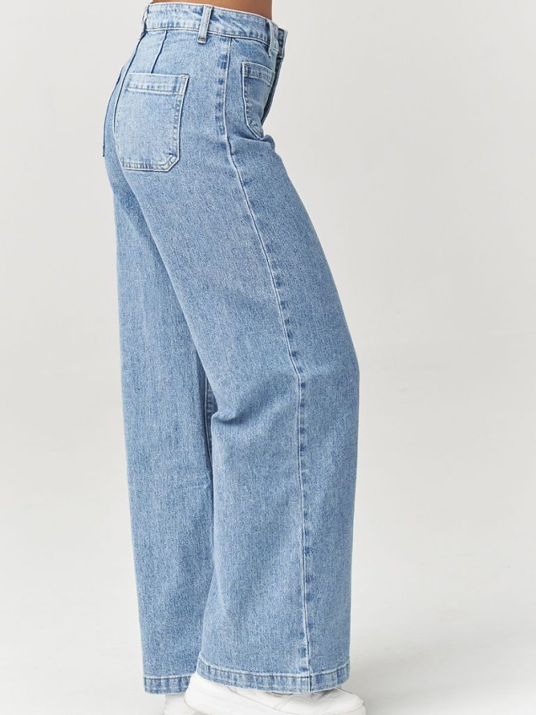 Jean taille haute femme coupe jambe large denim bleu — vue 3