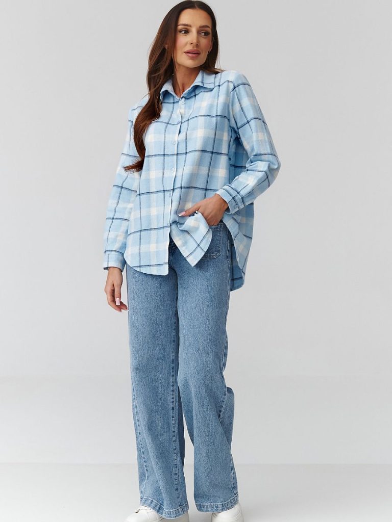 Chemise à carreaux manches longues coupe ample femme, poche poitrine — vue 1