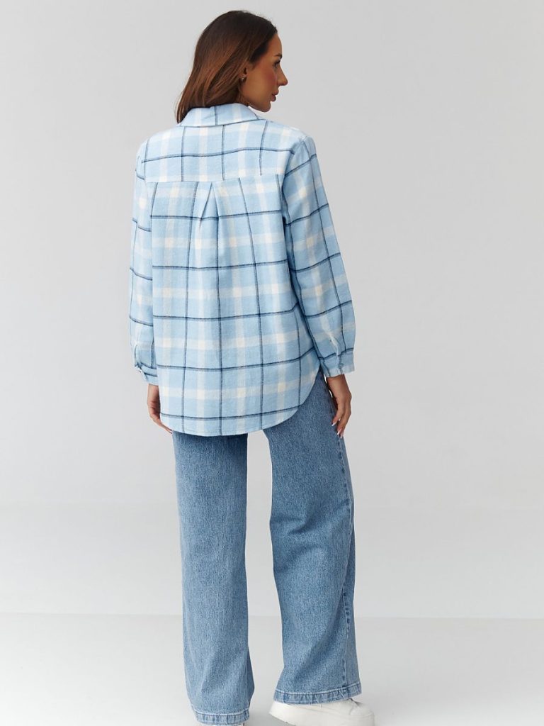 Chemise à carreaux manches longues coupe ample femme, poche poitrine — vue 2