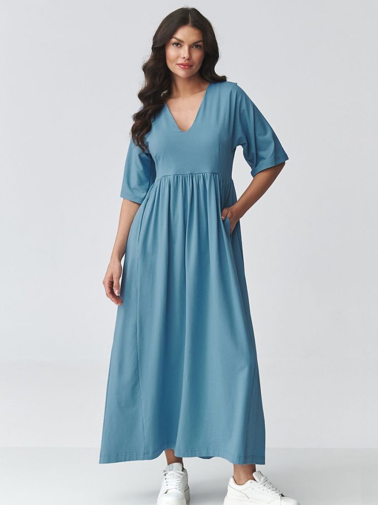 Robe maxi légère avec décolleté V, manches courtes et fentes latérales