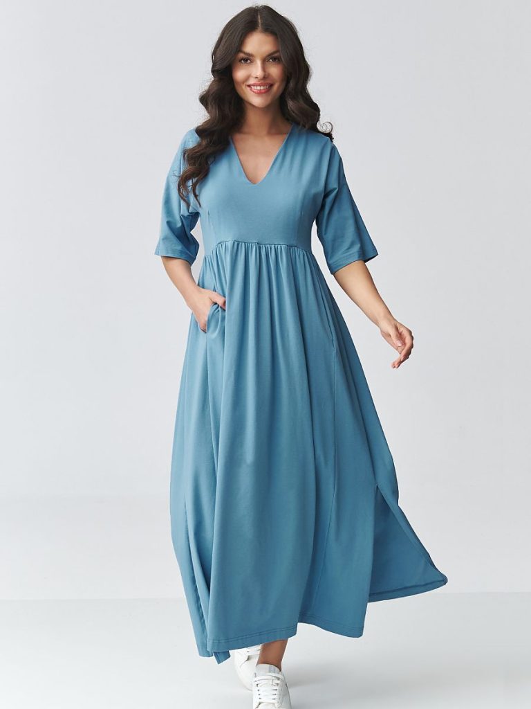 Robe maxi légère avec décolleté V, manches courtes et fentes latérales — vue 1