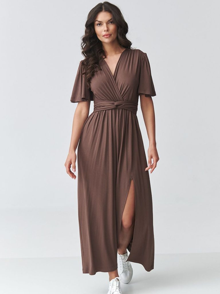 Robe maxi fluide cache-cœur ceinture croisée élégante