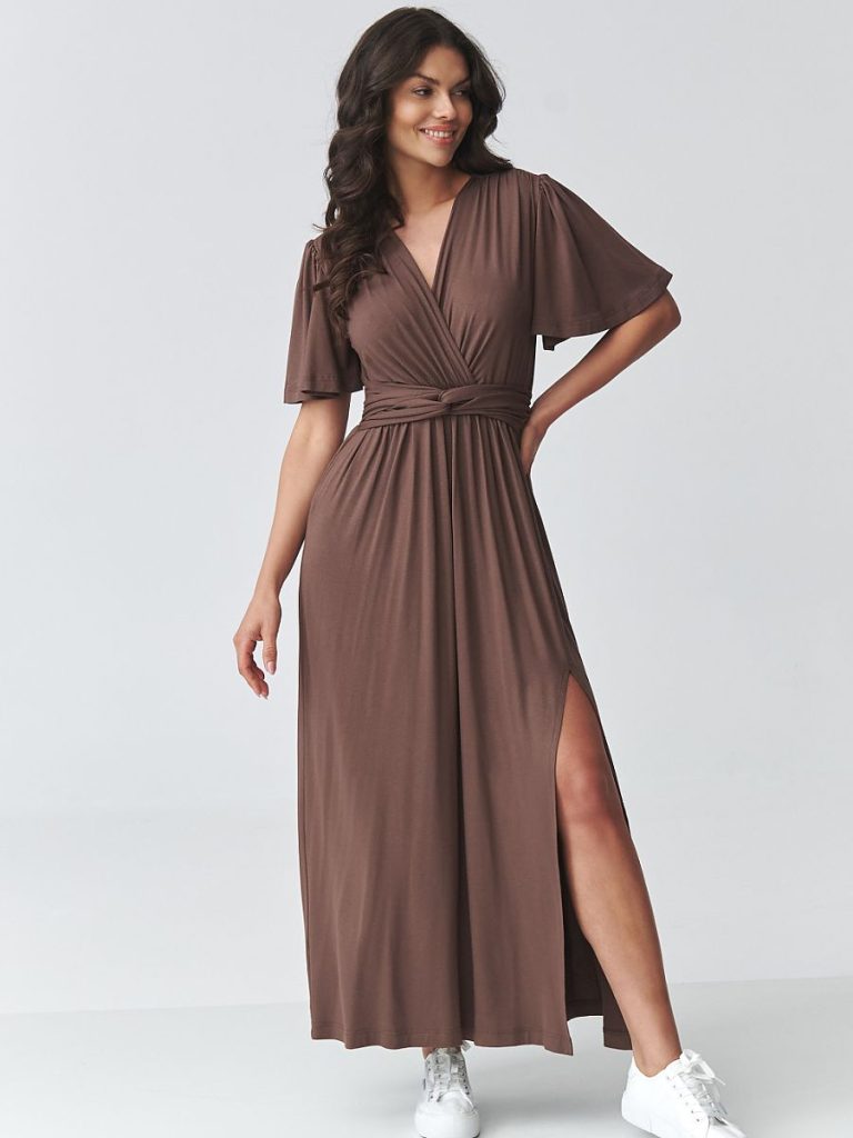 Robe maxi fluide cache-cœur ceinture croisée élégante — vue 1
