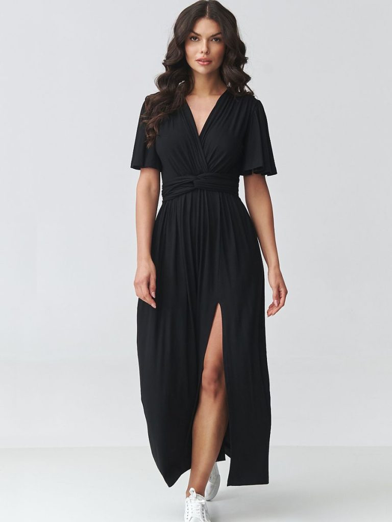Robe maxi élégante décolleté croisé ceinture sculptante tissu drapé