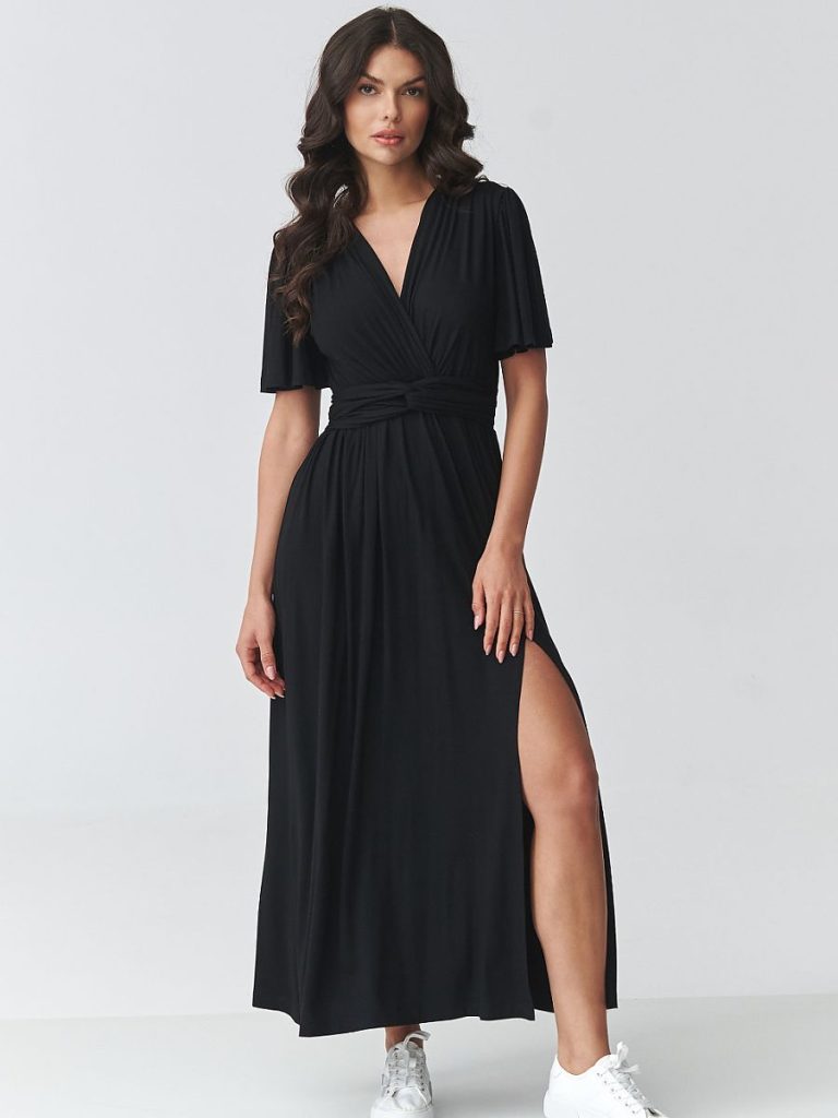 Robe maxi élégante décolleté croisé ceinture sculptante tissu drapé — vue 1
