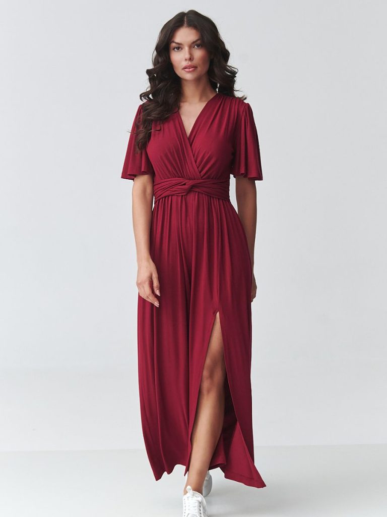 Robe maxi croisée élégante avec ceinture sculptante et fente