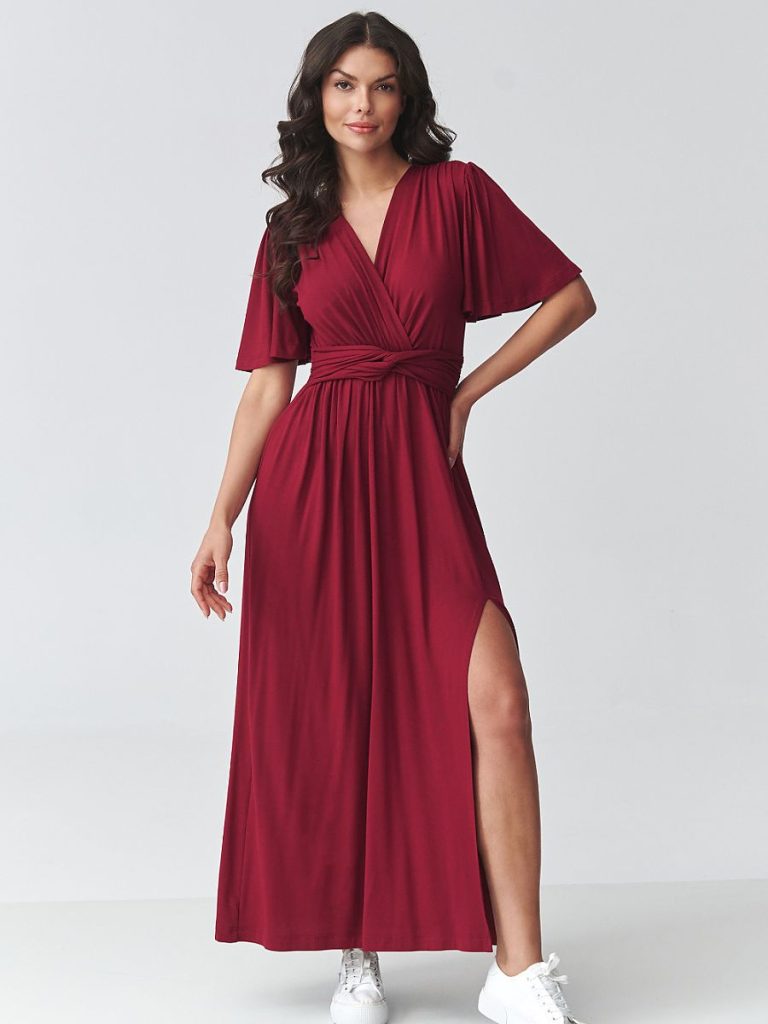 Robe maxi croisée élégante avec ceinture sculptante et fente — vue 1