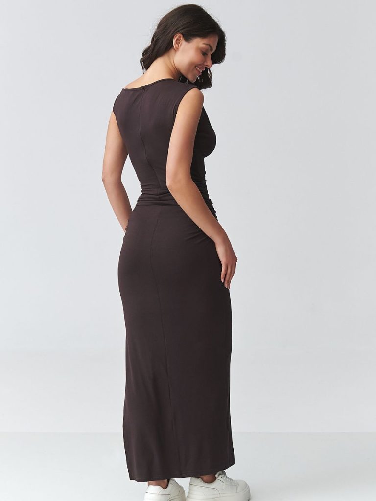Robe maxi brun chocolat décolleté bateau fente haute femme — vue 2