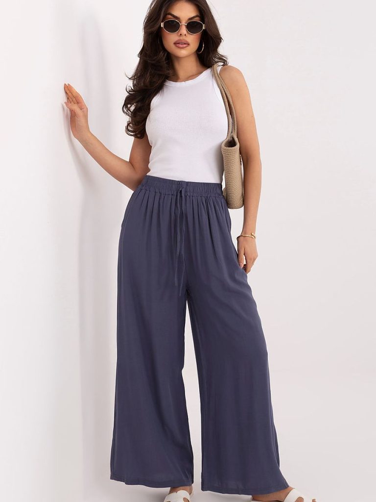 Pantalon palazzo bleu femme viscose jambes larges ceinture ajustable