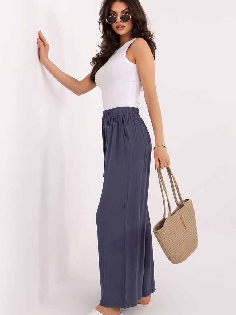 Pantalon palazzo bleu femme viscose jambes larges ceinture ajustable — vue 1