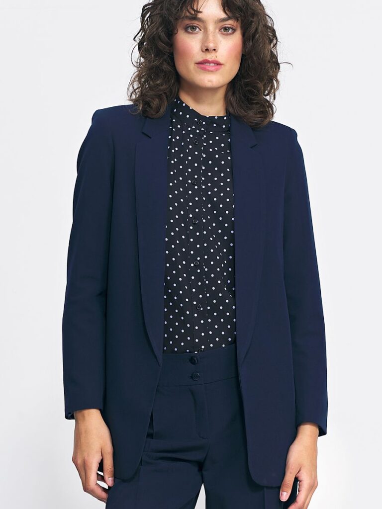 Veste tailleur bleu marine sans fermeture, coupe ajustée et doublée