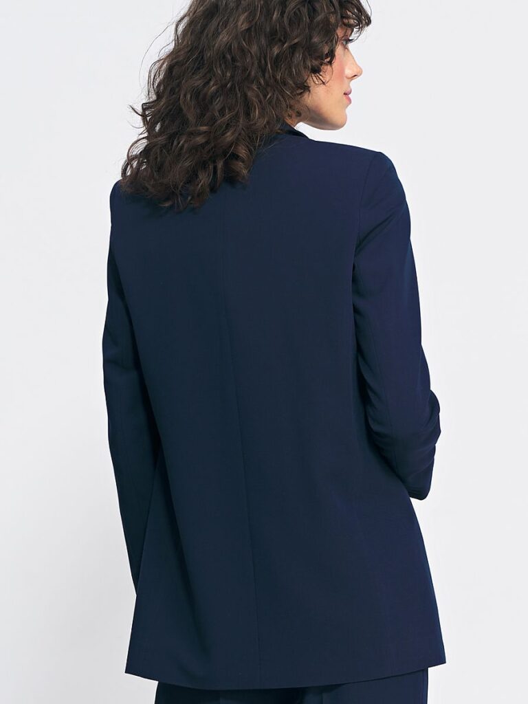 Veste tailleur bleu marine sans fermeture, coupe ajustée et doublée — vue 1