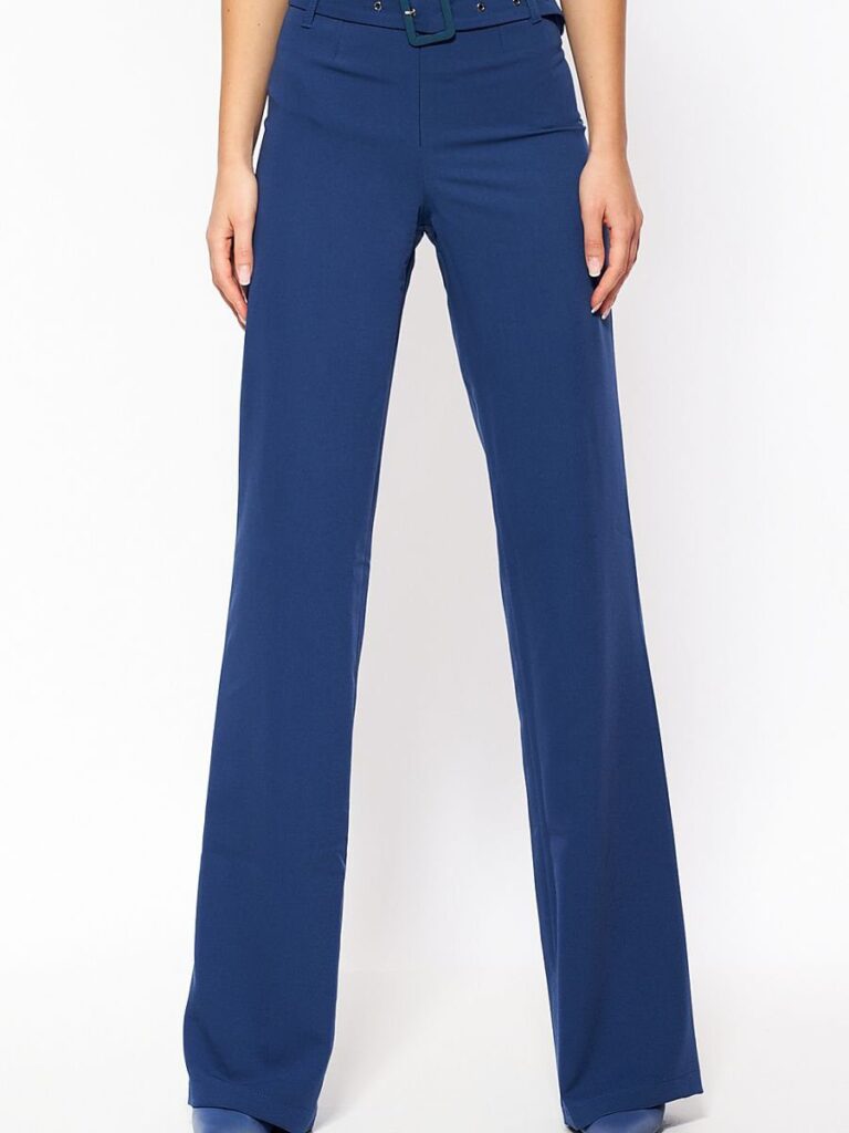 Pantalon bleu marine taille haute jambes évasées vue de face
