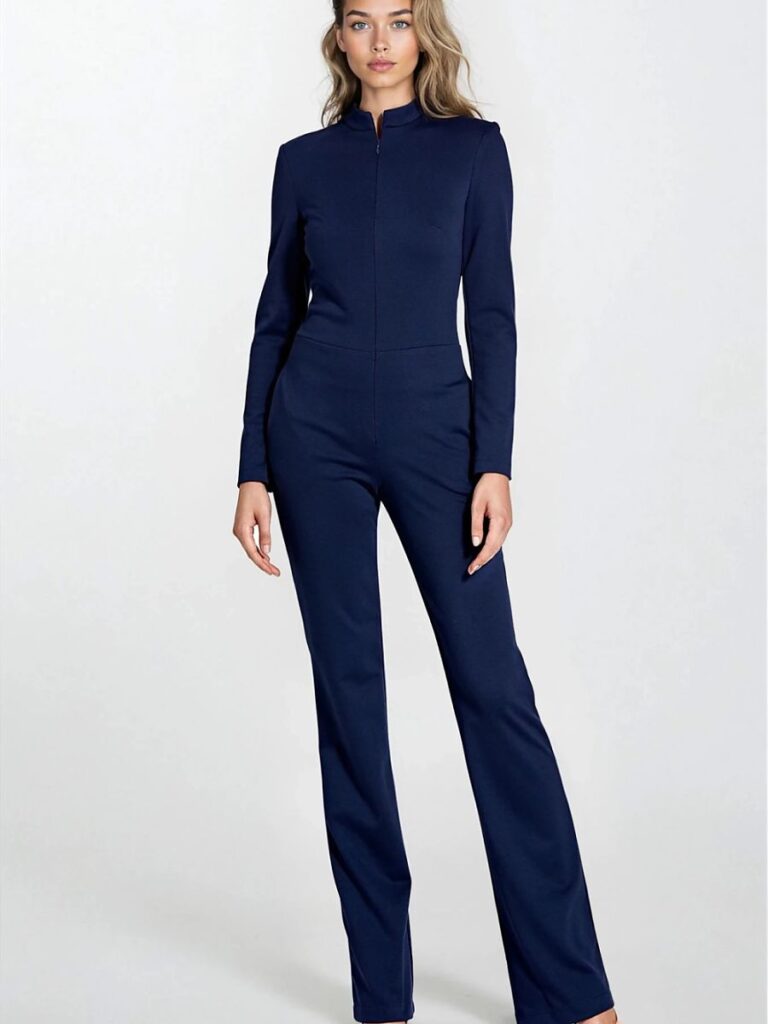 Combinaison ajustée bleu nuit, fermeture éclair, manches longues