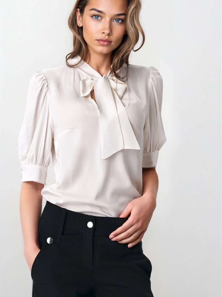 Chemisier beige manches bouffantes nœud décolleté viscose