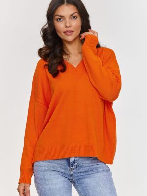 Pull tricot manches longues col v orange