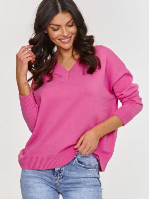 Pull tricot manches longues col v rose