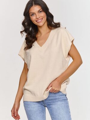 Pull tricot col v beige