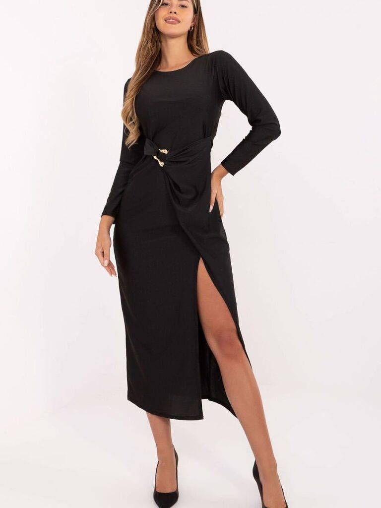 Robe portefeuille midi noire, coupe flatteuse manches longues