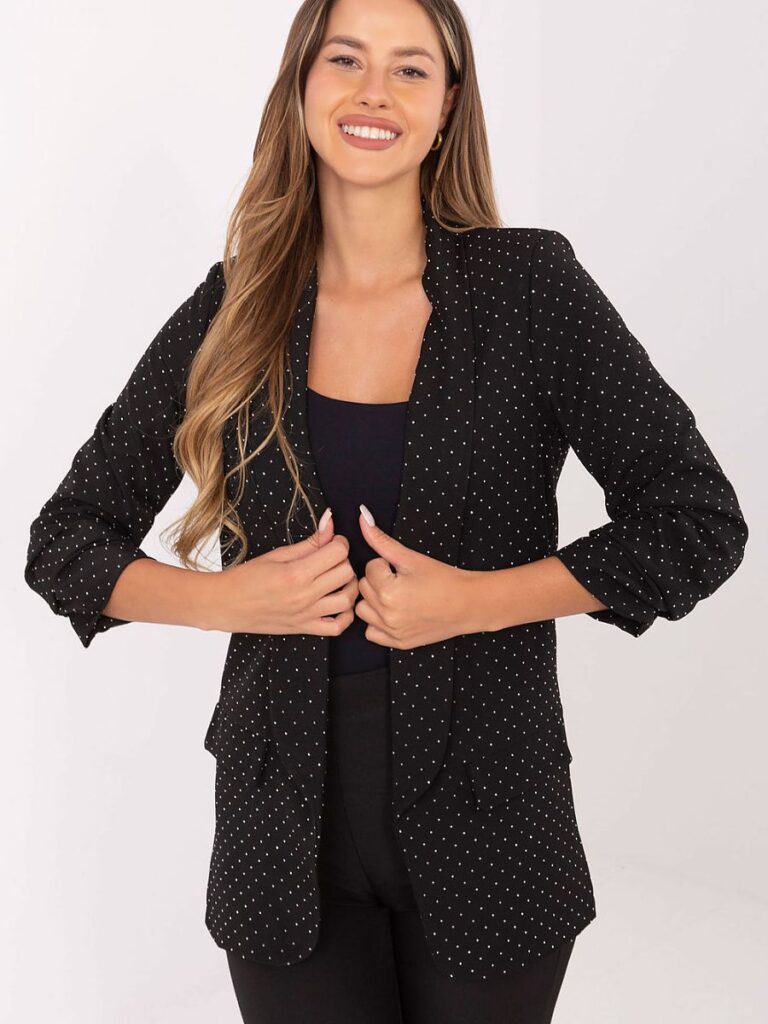 Blazer noir scintillant strass, manches 3/4, col ouvert épuré