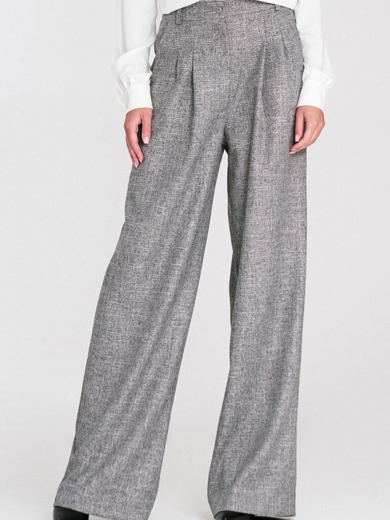 Pantalon large gris chiné taille haute coupe relaxed vue de face
