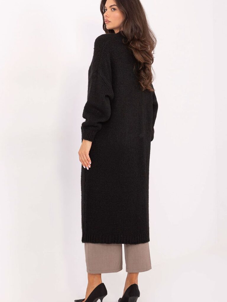 Cardigan long noir fluide sans fermeture, longueur genou, porté ouvert — vue 2