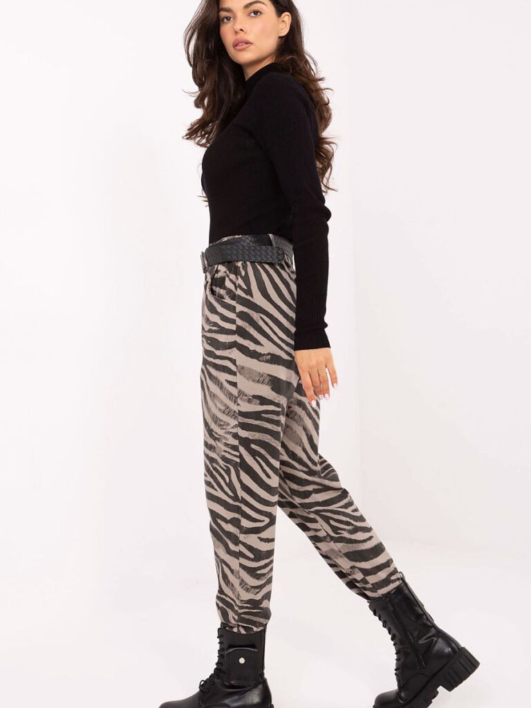 Pantalon femme taille haute motif zébré fond sable, coupe fuselée — vue 1
