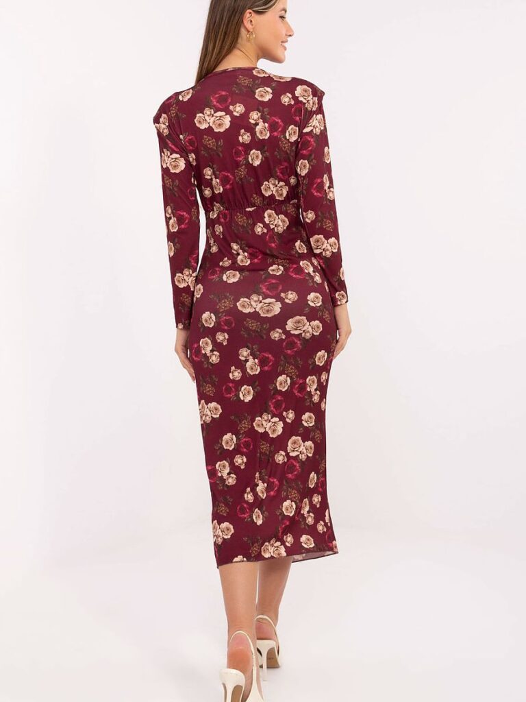 Robe midi crayon rouge motif floral avec décolleté cache-cœur et détails métallisés — vue 2