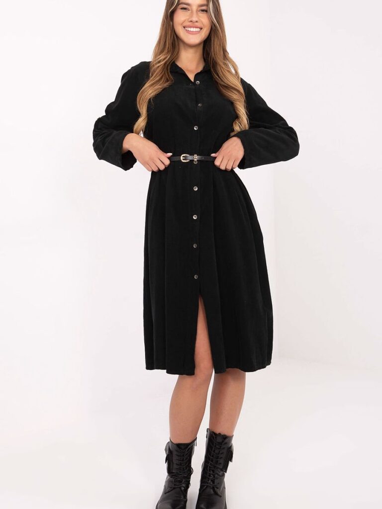 Robe chemise noire ceinturée mi-long, coton pur, col structuré