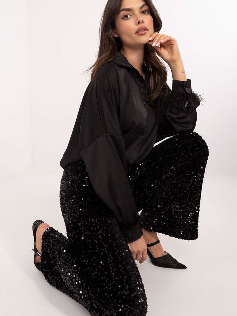 Pantalon noir à paillettes, taille haute, coupe droite, soirée élégante