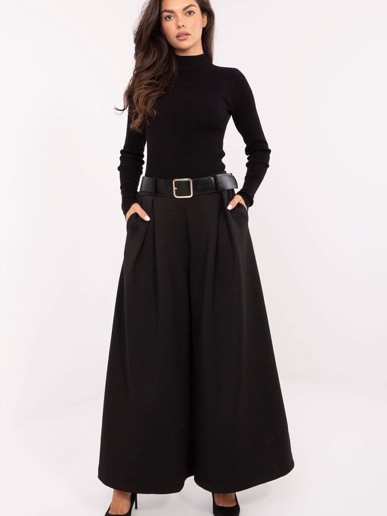 Pantalon palazzo noir fluide taille haute femme, vue de face et profil