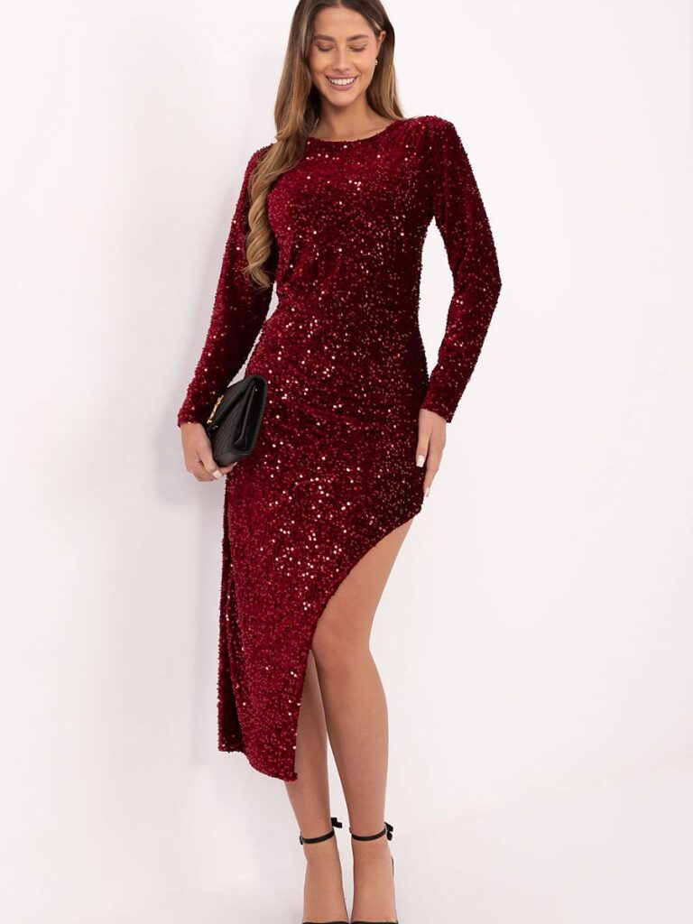 Robe de soirée rouge paillettes asymétrique manches longues col rond