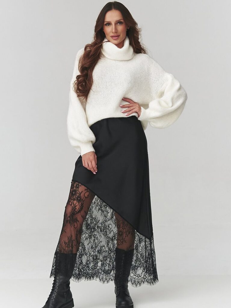 Jupe Camille noire asymétrique avec dentelle, vue de face et dos