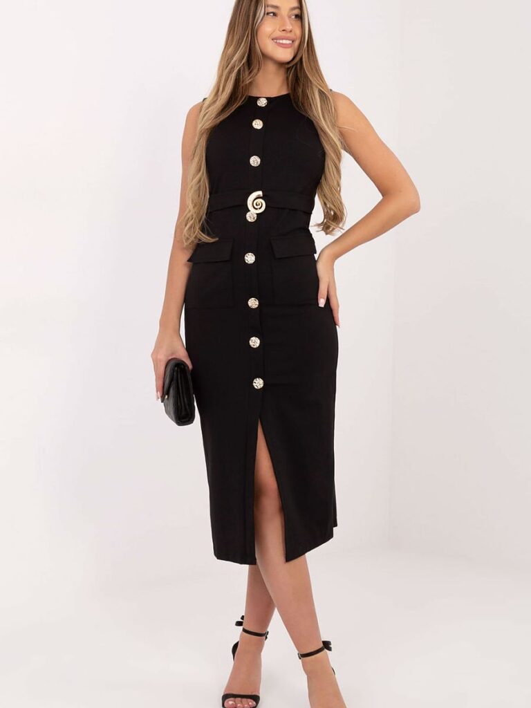 Robe crayon noire mi-longue avec boutons dorés et col rond
