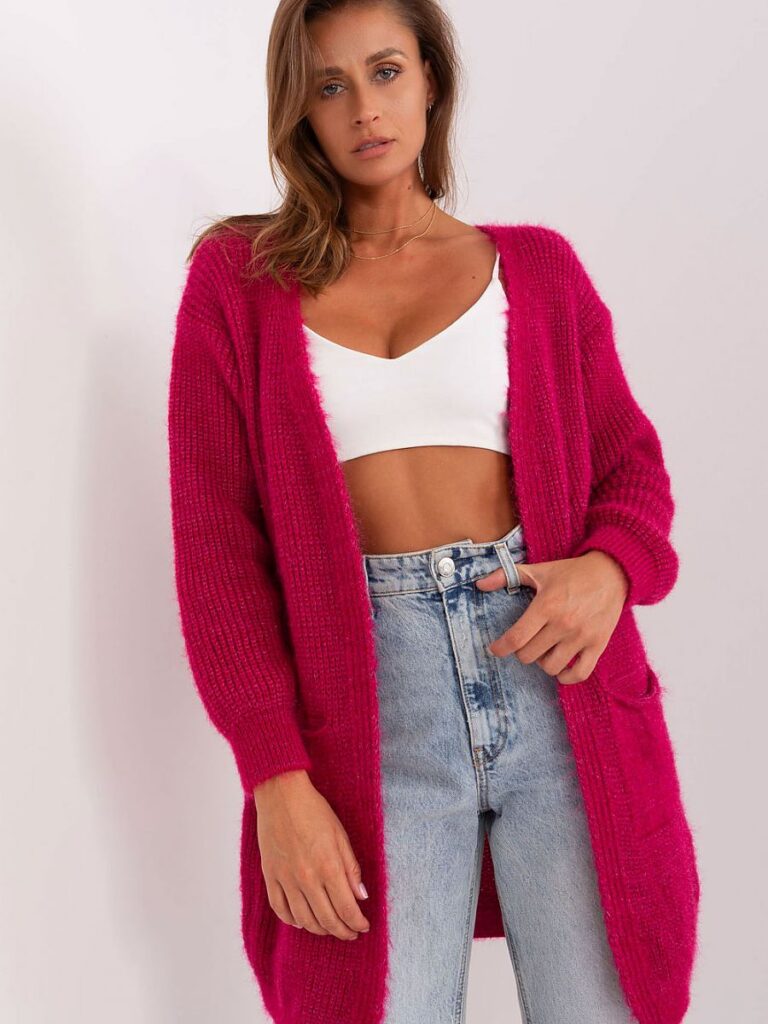 Cardigan Rosalie ouvert rosé, coupe fluide, manches longues, poches