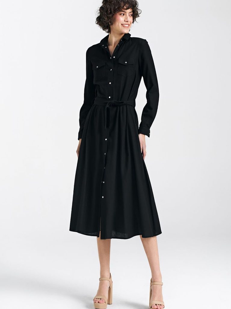 Robe midi noire élégante avec poches et ceinture intégrée — vue 1