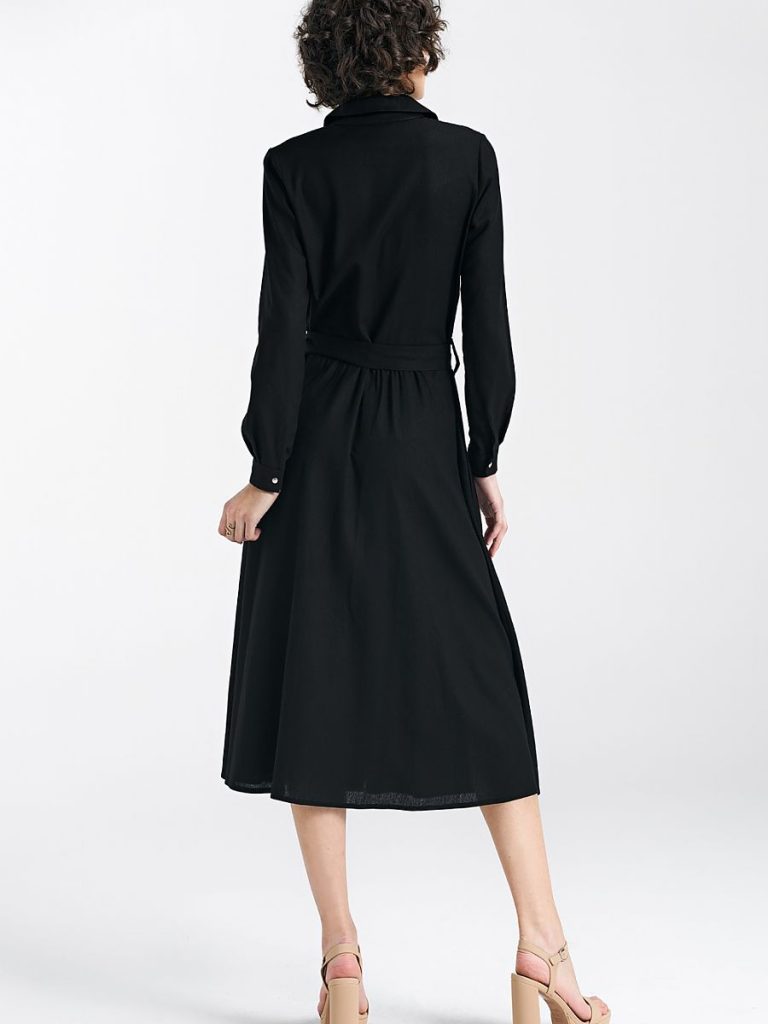 Robe midi noire élégante avec poches et ceinture intégrée — vue 2