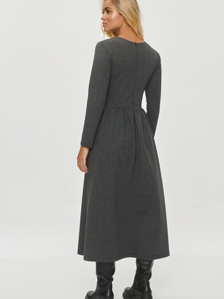 Robe Camille midi gris coton, coupe cintrée, poches dorées plaquées — vue 1