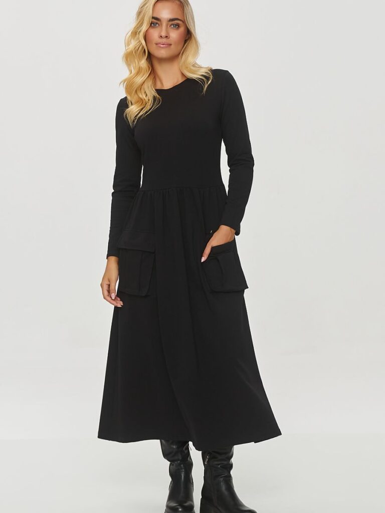 Robe midi noire fluide avec poches dorées, manches longues, coupe féminine