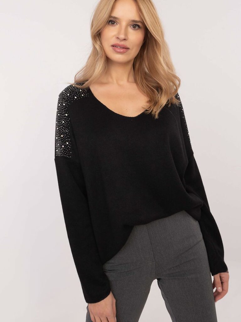 Pull noir viscose strass aux épaules, coupe épurée minimaliste