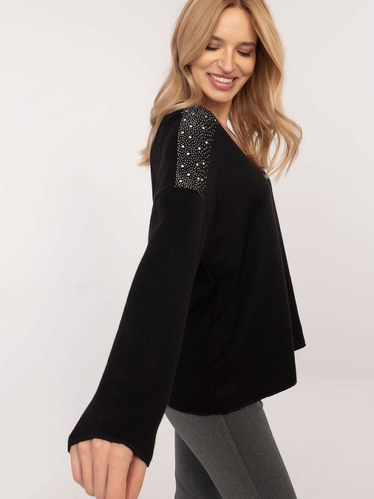 Pull noir viscose strass aux épaules, coupe épurée minimaliste — vue 1